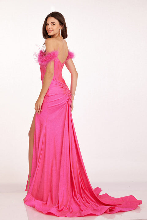 Off Shoulder Slit Gown with Feather by  Abby Paris 90205