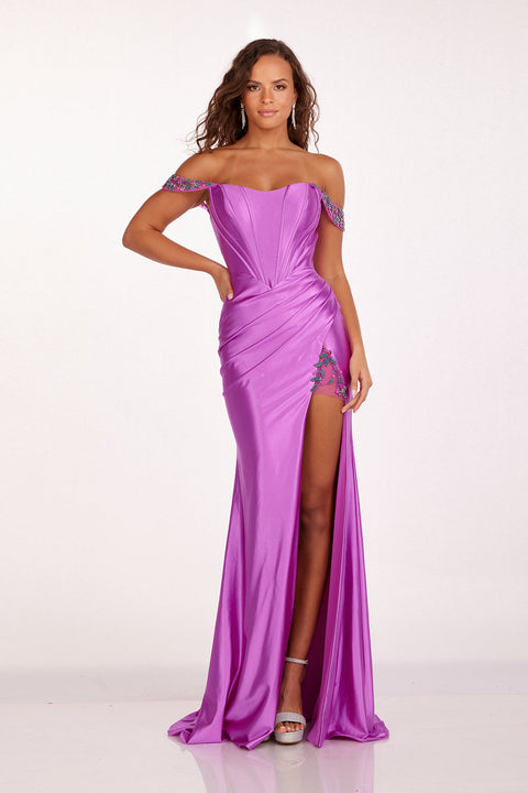 Off Shoulder Corset Slit Gown by Abby Paris 90206