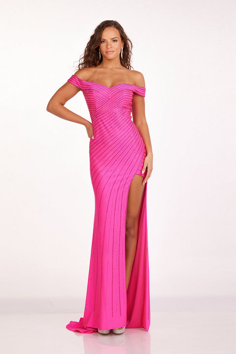Abby Paris 90214 Beaded Off-Shoulder Slit Evening Dress - sheerdreamz