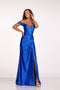 Satin Off Shoulder Slit Gown by Abby Paris 90216