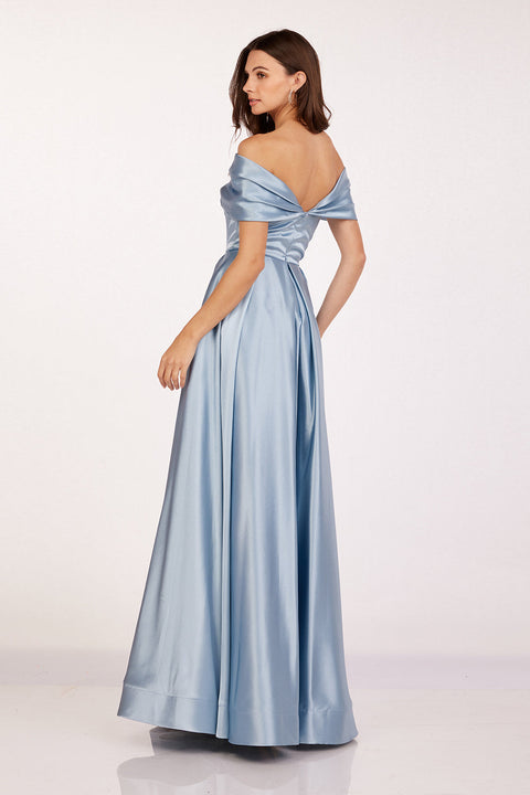 Satin Off Shoulder Slit Gown by Abby Paris 90222