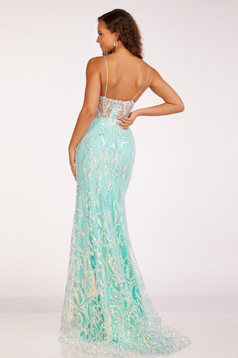 Abby Paris 90228 Sequin Print Fitted V-Neck Gown with Corset Boning - sheerdreamz