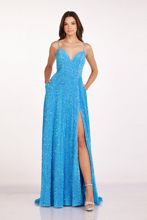Abby Paris 90247 Sequin Sleeveless A-Line Slit Gown