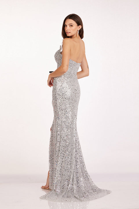 Abby Paris 90250 Strapless Sequin Fitted Gown with Side Slit and Train