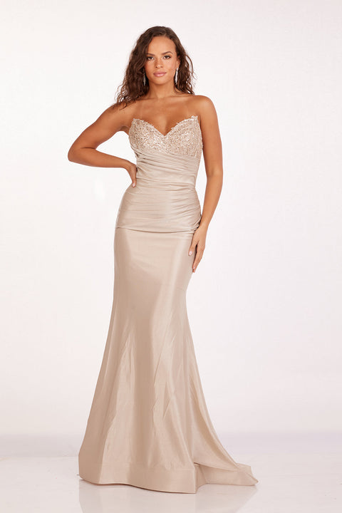 Strapless Beaded Fitted Slit Gown by Abby Paris 90251