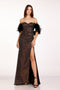 Feather Off Shoulder Black Sequin Gown  Abby Paris 90254