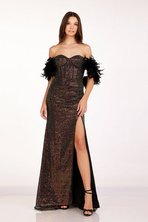 Feather Off Shoulder Black Sequin Gown  Abby Paris 90254