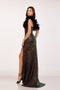 Feather Off Shoulder Black Sequin Gown  Abby Paris 90254