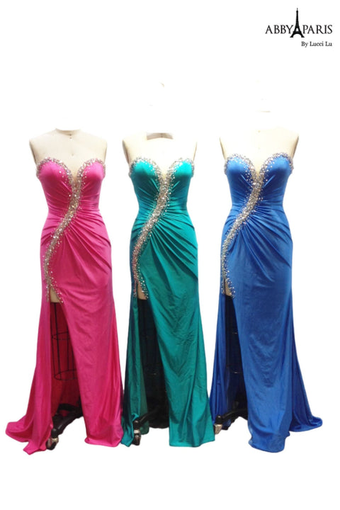 Jersey Beaded Gown with Strapless Slit, Abby Paris 90258