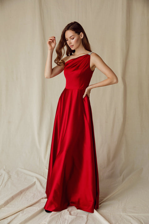Eureka 9025 satin one shoulder a-line gown — Burgundy 2