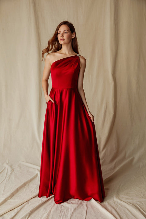 Eureka 9025 satin one shoulder a-line gown — Burgundy 4