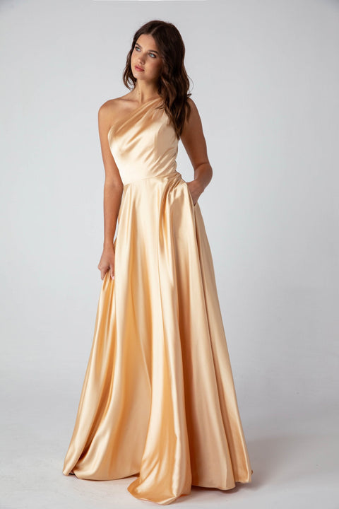 Eureka 9025 satin one shoulder a-line gown — Champagne 2