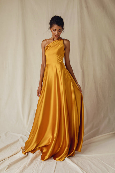 Eureka 9025 satin one shoulder a-line gown — Marigold 1