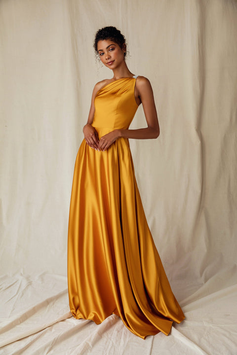 Eureka 9025 satin one shoulder a-line gown — Marigold 2