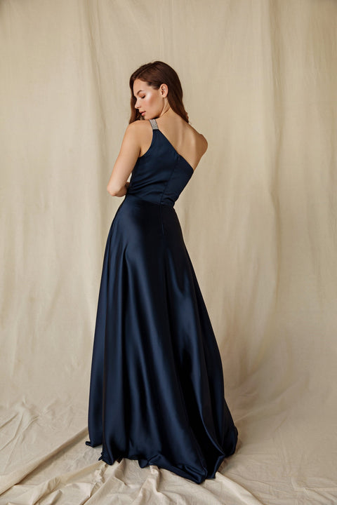Eureka 9025 satin one shoulder a-line gown — Navy 1