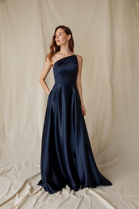 Eureka 9025 satin one shoulder a-line gown — Navy 2