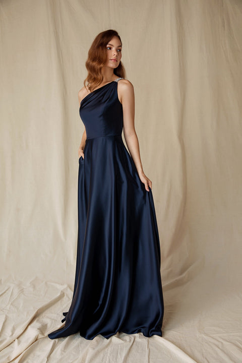 Eureka 9025 satin one shoulder a-line gown — Navy 4