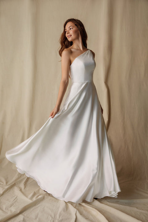 Eureka 9025 satin one shoulder a-line gown — OffWhite 1