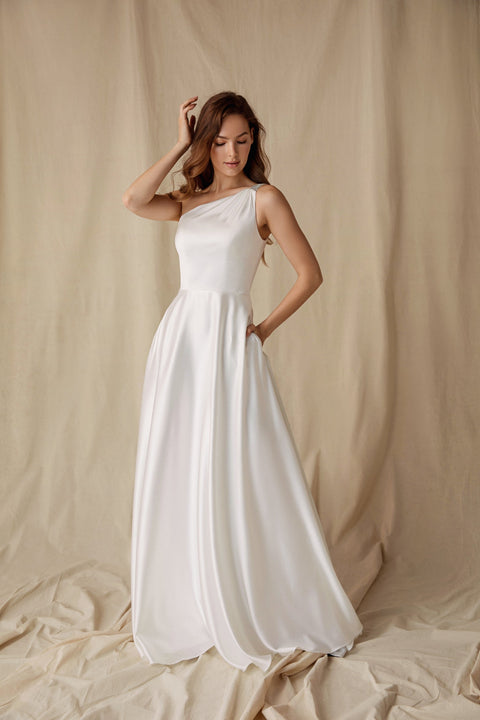 Eureka 9025 satin one shoulder a-line gown — OffWhite 3