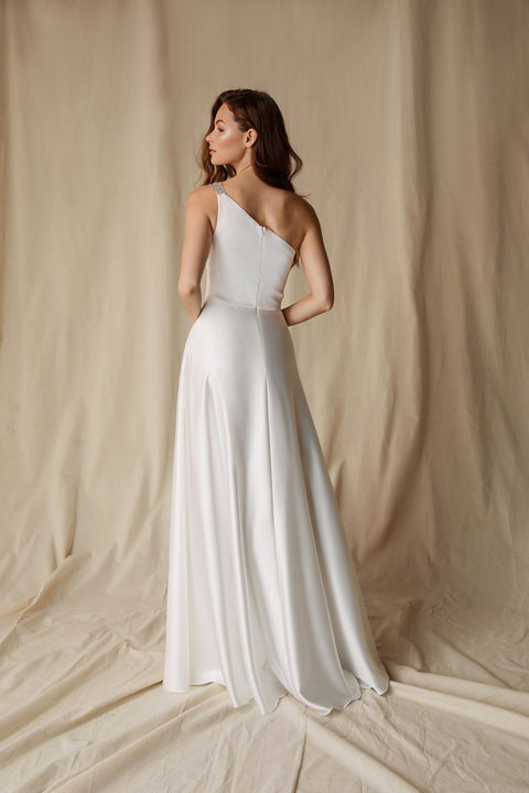 Eureka 9025 satin one shoulder a-line gown — OffWhite 5
