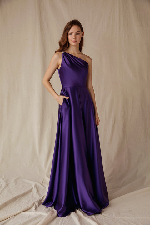 Eureka 9025 satin one shoulder a-line gown — Purple 3