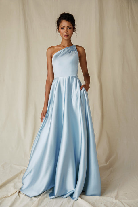 Eureka 9025 satin one shoulder a-line gown — WhisperBlue 2