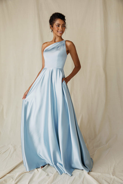 Eureka 9025 satin one shoulder a-line gown — WhisperBlue 3