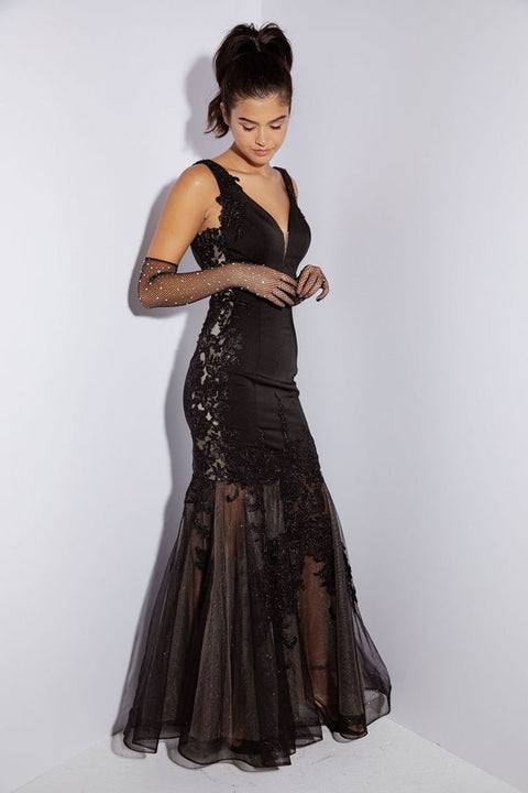 Eureka 9060 satin glitter tulle fitted v-neck gown — BLACKCHAKMPAGNE2