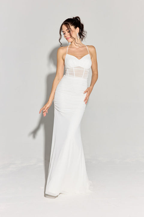 Eureka 9077 mesh fitted sheer corset gown — OFFWHITE