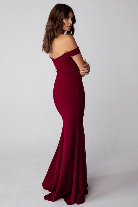 Eureka 9081 jersey fitted off shoulder gown — BURGUNDY2