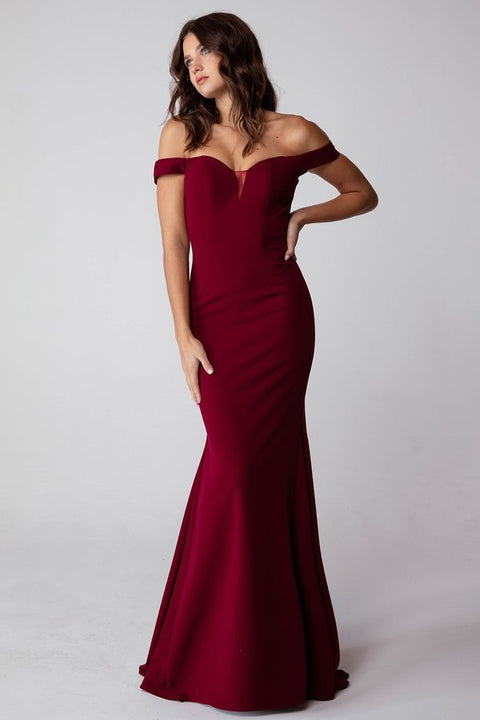 Eureka 9081 jersey fitted off shoulder gown — BURGUNDY