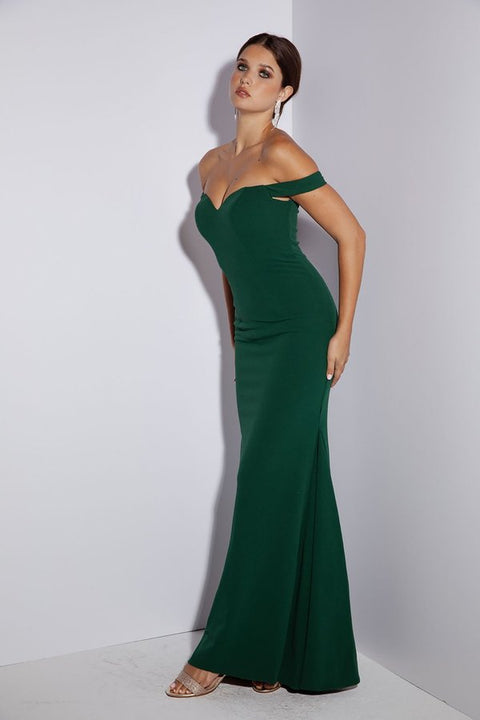 Eureka 9081 jersey fitted off shoulder gown — HUNTERGREEN
