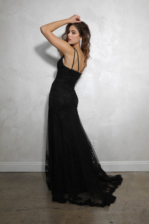 Eureka 9130 applique satin fitted v-neck gown — BLACK 1