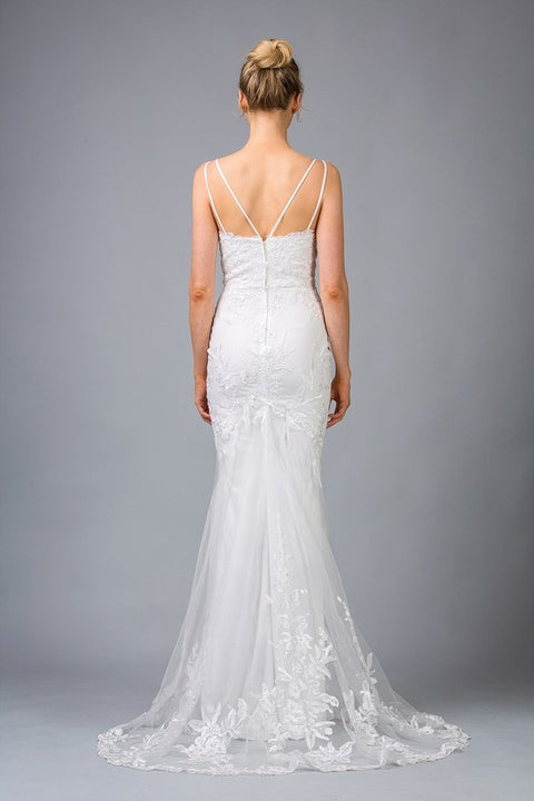 Eureka 9130 applique satin fitted v-neck gown — OFFWHITE d54de4eb 41d5 4660 a919 b1a2cc333e82