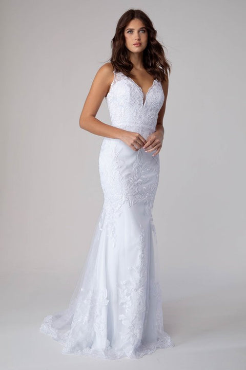 Eureka 9130 applique satin fitted v-neck gown — WHITE 9bcce13a 0ef7 49e7 aa14 58d238cb3f5b