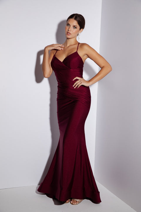 Eureka 9151 jersey fitted strappy back gown — BURGUNDY 4