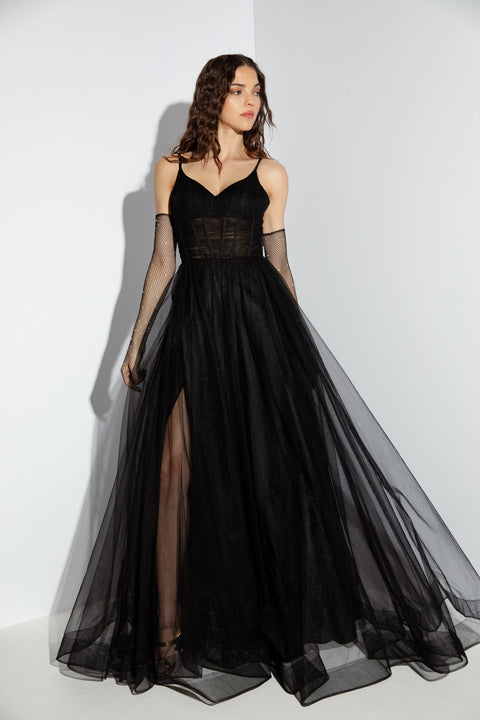Eureka 9177 tulle sleeveless a-line slit gown — BLACK