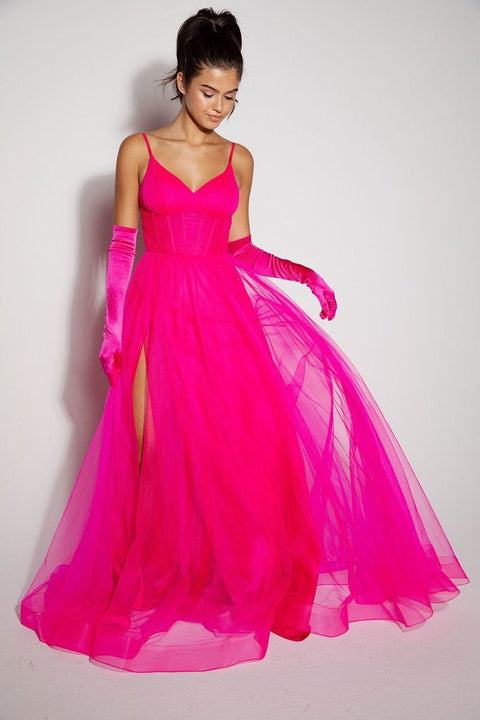 Eureka 9177 tulle sleeveless a-line slit gown — HOTMAGENTA