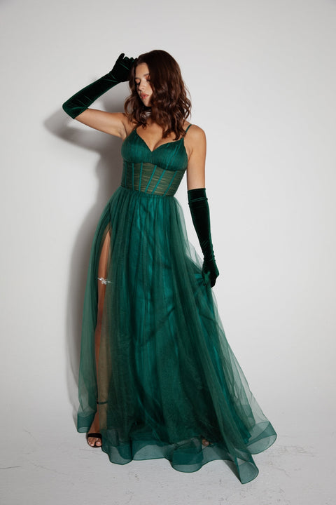 Eureka 9177 tulle sleeveless a-line slit gown — HUNTERGREEN