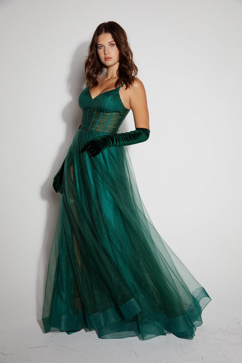 Eureka 9177 tulle sleeveless a-line slit gown — HUNTERGREEN 80