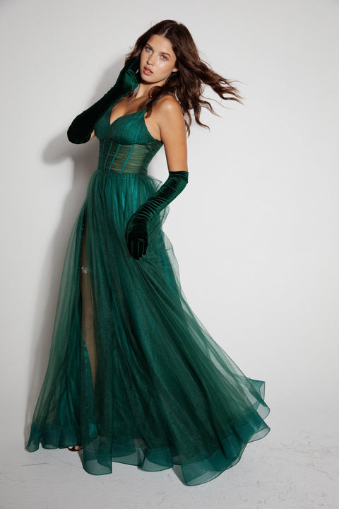 Eureka 9177 tulle sleeveless a-line slit gown — HUNTERGREEN 90