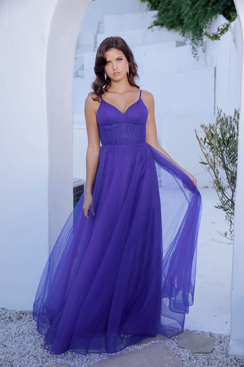 Eureka 9177 tulle sleeveless a-line slit gown — ROYAL2
