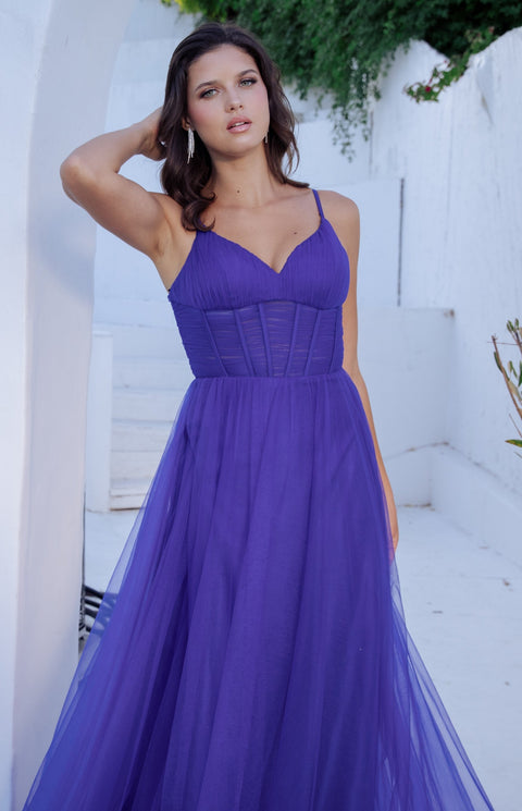 Eureka 9177 tulle sleeveless a-line slit gown — ROYAL3
