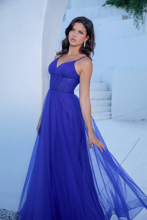 Eureka 9177 tulle sleeveless a-line slit gown — ROYAL