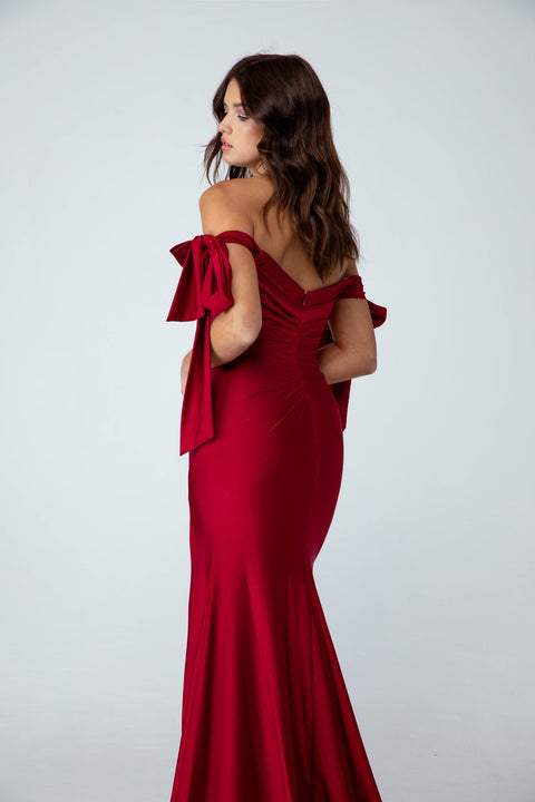 Eureka 9181 jersey fitted cold shoulder slit gown — BURGUNDY2