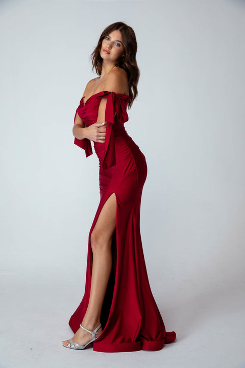 Eureka 9181 jersey fitted cold shoulder slit gown — BURGUNDY3