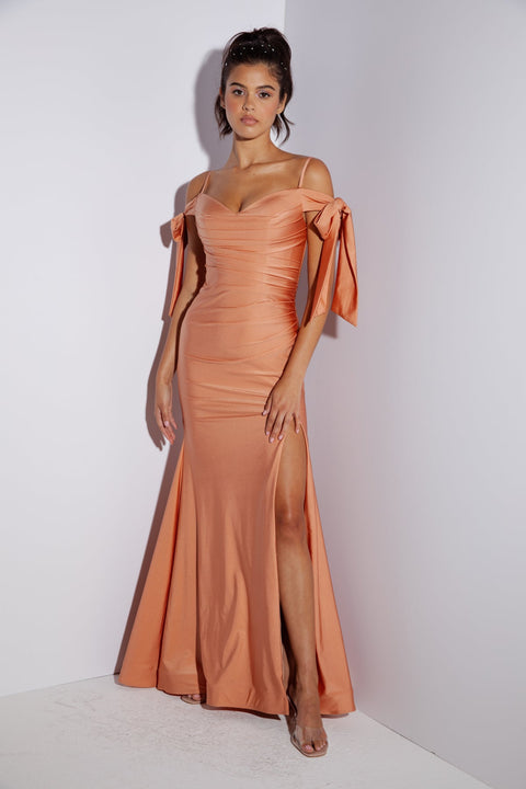 Eureka 9181 jersey fitted cold shoulder slit gown — CORAL