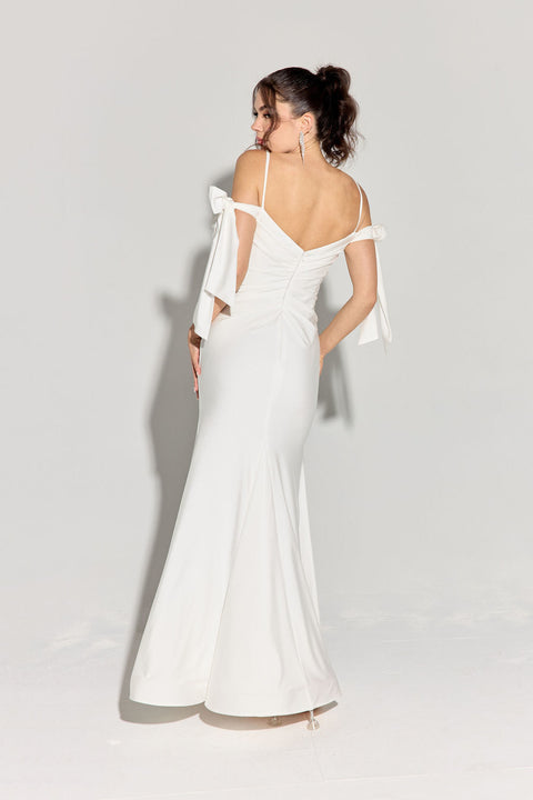 Eureka 9181 jersey fitted cold shoulder slit gown — OFFWHITE2