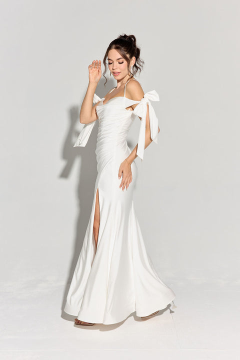 Eureka 9181 jersey fitted cold shoulder slit gown — OFFWHITE3