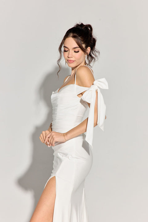 Eureka 9181 jersey fitted cold shoulder slit gown — OFFWHITE4
